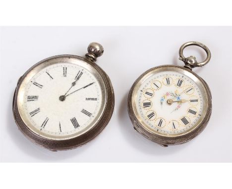 Silver open face pocket watch, with a white enamel dial, together with another silver open face pocket watch with white ename