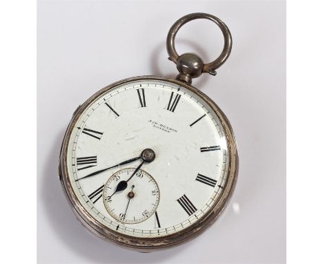 Victorian silver open faced watch, the plain case enclosing a white enamel dial with Roman hours and subsidiary seconds dial,