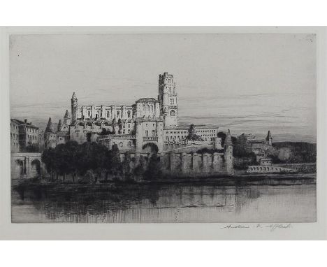 After Andrew Affleck (1874-1935) Albi from the river, pencil signed etching, 36cm x 24cm excluding mount and frame