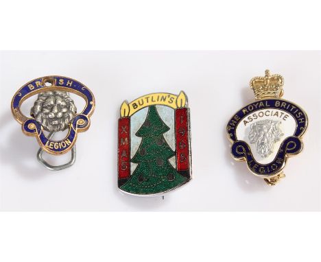 Three enamel badges, a British Legion badge, brass and white metal inlaid with blue enamel, a Royal British Legion Associate 