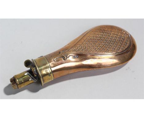 A copper shot flask with brass nozzle stamped JW Hawkesley, 17 cm long