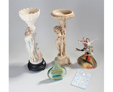 A mixed lot of porcelain and glass ware to include a porcelain  tableau of a pair of ballet dancers, porcelain figurine of a 