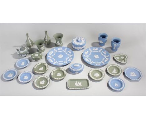 A Collection Wedgewood  Jasperwear in light blue and cream and green and cream, to include plates, trinket boxes and urns, (Q