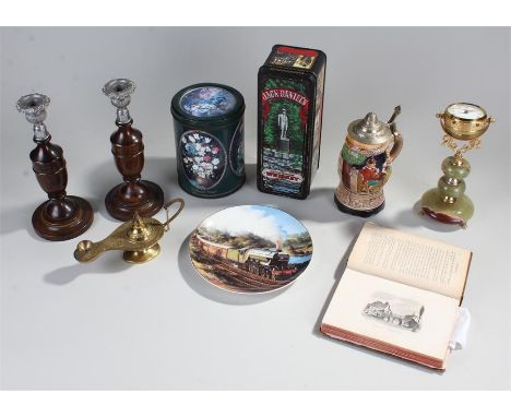 Mixed lot consisting of, Franklin Mint Flying Scotsman plate with certificate, German musical beer stein, pair of wood and wh