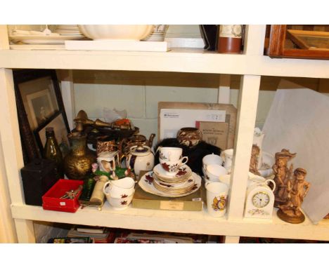 Kitchen scales, photographs, various china including teaware, box camera, figures, etc