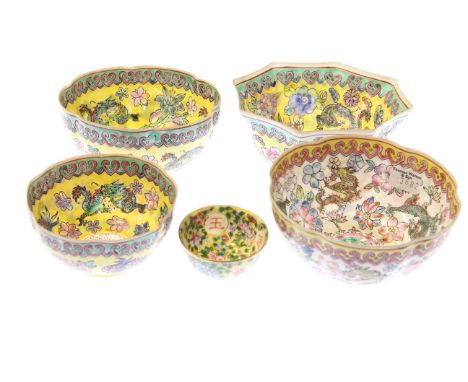 Five Chinese enamel decorated porcelain bowls, largest 10.5cm