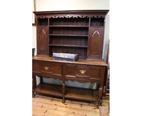 Oak two door potboard dresser with shelf and cupboard back, 152cm wide