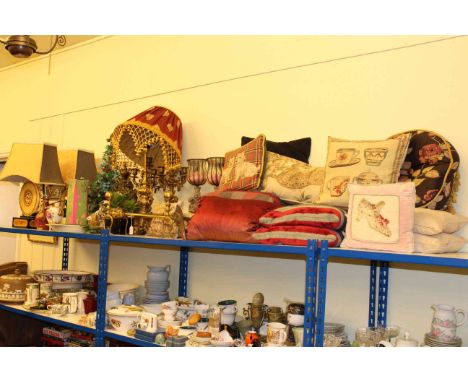 Three table lamps, clock garniture, fire irons and dogs, scatter cushions, Oriental china, etc