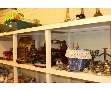 Large collection of silver plate, copper, brass, lamps, scales, wood items, flat irons etc