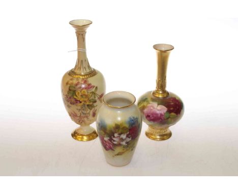 Two Royal Worcester vases, painted with roses; and a Royal Worcester blush ivory vase, tallest 19cm