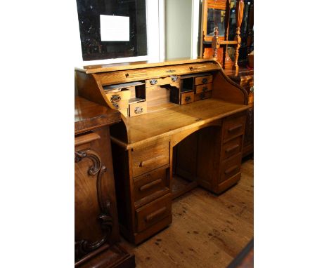 1920's oak double pedestal roll top desk, 122cm wide