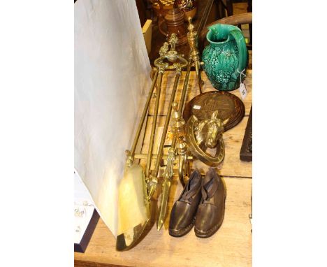 Three brass fire irons and pair of dogs, Wedgwood jug, death plaque (Charles Elliott), vintage child's shoes and door knocker