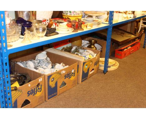 Five boxes of glass, china, tools, oil lamp, enamel ware, firescreen, plaster plaques, etc