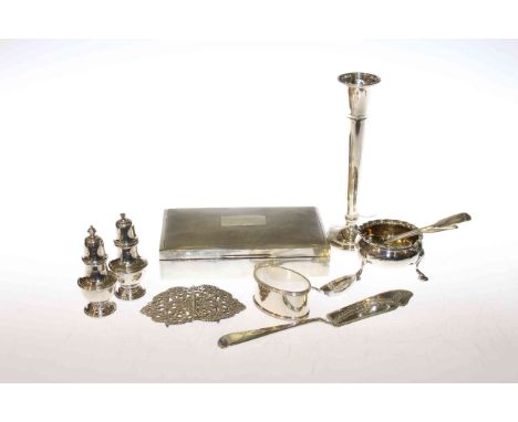 Georgian silver caddy spoon, silver cigarette box, silver napkin ring, Georgian silver salt, etc