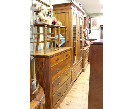 Late Victorian satin walnut six piece bedroom suite comprising double mirror door wardrobe, four height chest, dressing chest