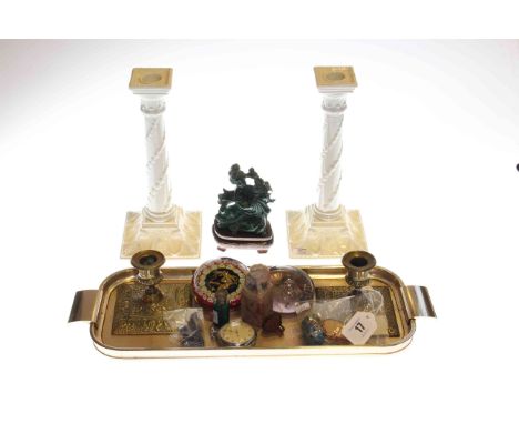 Pair Royal Worcester candlesticks, brass candlesticks, paperweights, Oriental figure, scent bottle, brooch, rings, etc