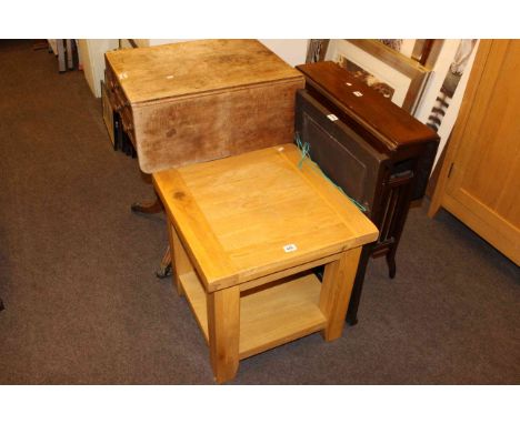 19th Century mahogany drop leaf work table, Edwardian Sutherland table, light oak lamp table and oak framed wall mirror (4)