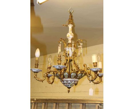 China and brass floral design six branch chandelier and nautical theme light shade