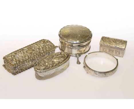 Silver ring box, silver bangle, two silver boxes and a silver topped box (5)