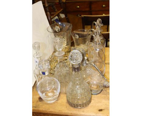 Lustre drop light fitting, glass decanters and ewers, two glass ice buckets, etched glass goblet