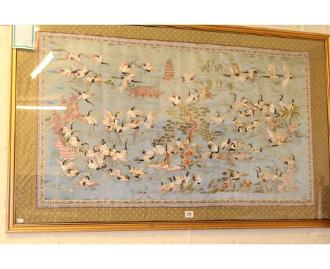 Gilt framed Oriental needlework, monoprint 'Autumn' and bottle of Bisquit Cognac (3)