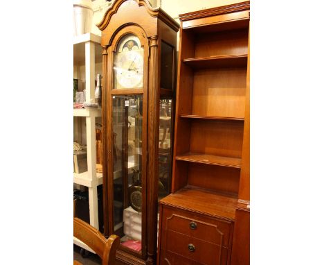 American oak cased triple weight longcase clock with moon phase arched dial