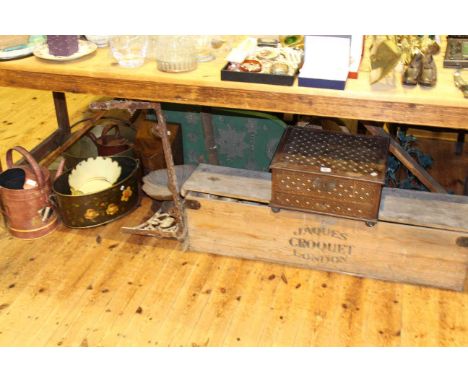 Jaques croquet set, cast iron sink bracket, Bagatelle, Victorian knife box, brass jam pan, light fitting,weather vane etc