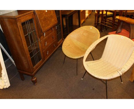 1920's/30's oak leaded door bureau centre cabinet and two 1950's bedroom chairs (3)