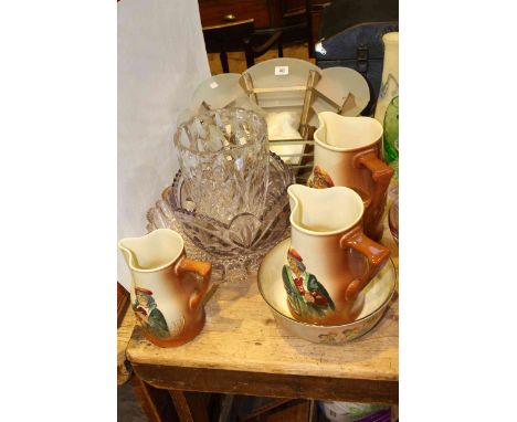 Three Royal Doulton jugs and bowl, two glass bowls, vase and light fitting