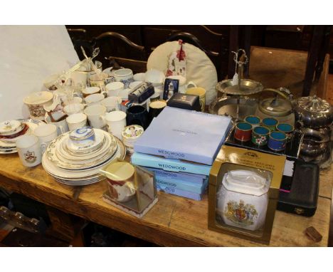 Collection of commemorative china, silver plated ware, six cloisonne napkin rings, Wedgwood plates, Ringtons caddy, etc