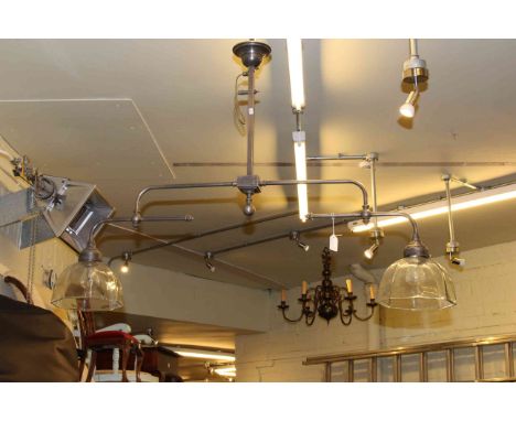 Two branch billiard table light, six branch chandelier, rug and bean bag (4)