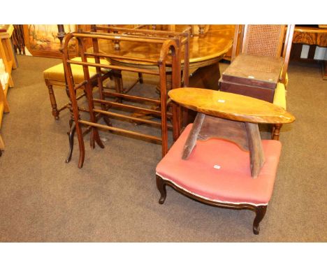 Mahogany tripod plant stand, two towel stands, serpentine form footstool, arboreal stool and Victorian sewing box and content