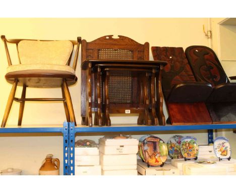 Two Ethnic style occasional chairs, Ercol nest of tables, Ercol occasional armchair and oak fire screen (5)