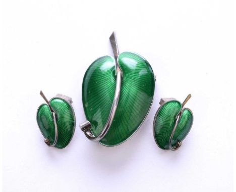 A Danish silver and enamel brooch and earrings suite by Volmer Bahner, the brooch designed as a green enamel sylised leaf wit