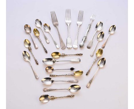 A collection of various pieces of silver and white metal flatware, comprising; three silver dessert forks, twelve various sil