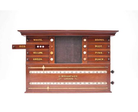 An early 20th century George Wright & Co. mahogany wall hanging billiards scoreboard, with moulded cornice above a central bl