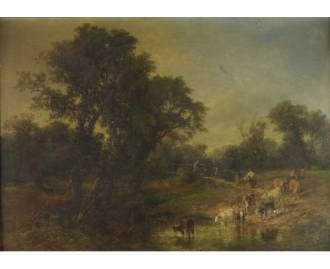 Frederick Henry Henshaw (British, 1807-1891), 'Summer Evening’, a herd of cattle taken to water from a river, signed and date