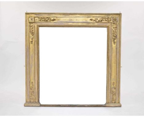 A 19th century giltwood overmantel mirror, the near square plate within a moulded bead, the frame with raised panels containi