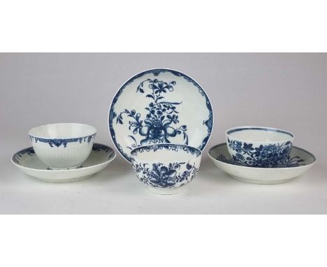 A group of three Worcester tea bowls with matching saucerscirca 1768-85comprising 'Mansfield', 'Fenced Garden' and another in