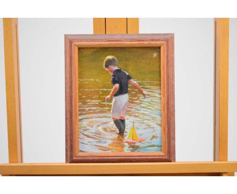 Tony Sheath (British, 1946-), a boy launching his toy yacht, signed lower left, inscribed verso ' To Lydia & David Xmas 2002,