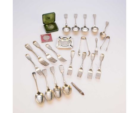 A harlequin collection of silver Fiddle pattern dessert spoons and forks, various dates and makers, each with matching engrav
