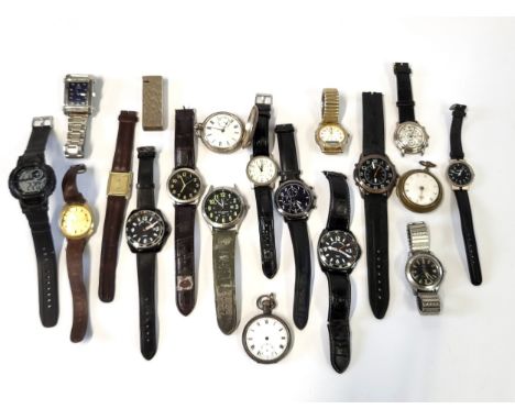 Sixteen watches and two fob watches, one silver, and a lighter