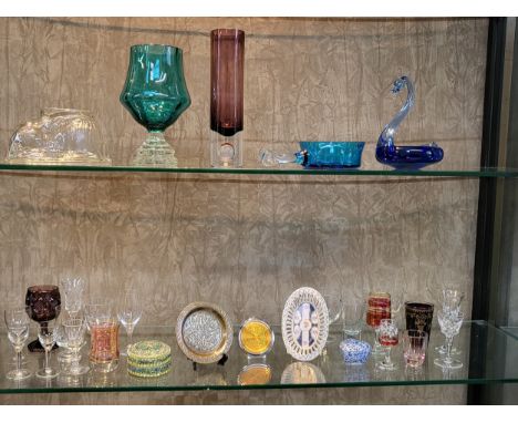 A Murano-style amethyst and clear glass vase 23.5cm, a turquoise and clear glass vase 20.5cm, a Polish Krosno blue and clear 