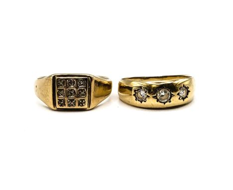 A 9ct yellow gold signet ring square face set with nine diamonds 3.3gms size R 1/2, and a 9ct yellow gold gypsy set faux ston