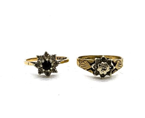 A vintage illusion set diamond posy ring in 9ct yellow gold (one diamond missing) size P 1/2 2.8gms, and a sapphire and diamo