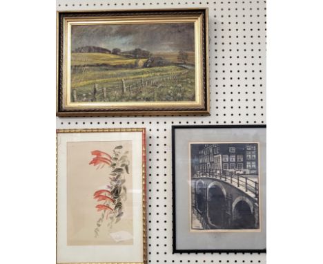 An etching of Amsterdam, an original oil on board, and an original watercolour of flowers on a vine (3)