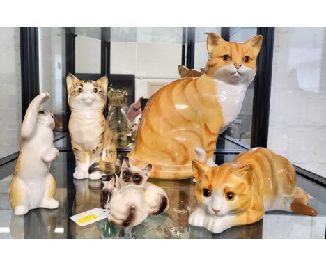 Royal Doulton pair of Siamese cats and four other ceramic cats by Just Cats &amp; Co. and Cats &amp; Friends (one with slight