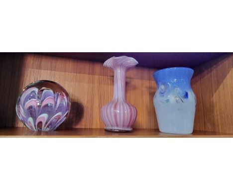 A Murano-style pink pear shaped vase with unground pontil 23cm, an oviform marbled glass vase 19.5cm, and a large art glass p