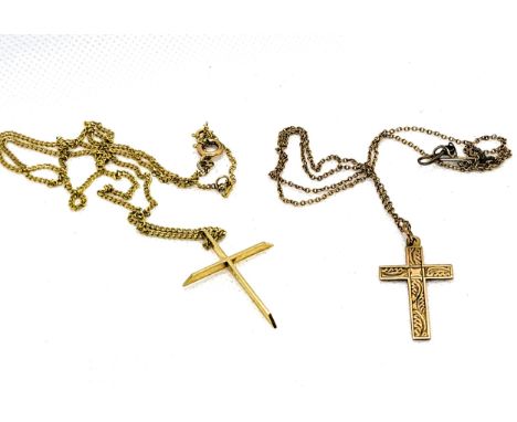 A 9ct yellow gold plain gold cross (1.3gms) on a yellow coloured curb link chain 56cm, with a 9ct yellow gold jump ring total