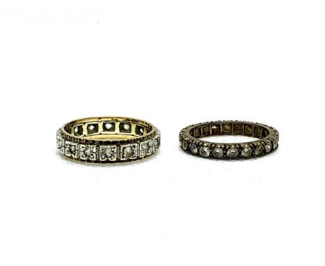 A 9ct yellow and white gold full eternity ring set with quartz stones. 3.0gms size P 1/2, and a 9ct yellow gold full eternity